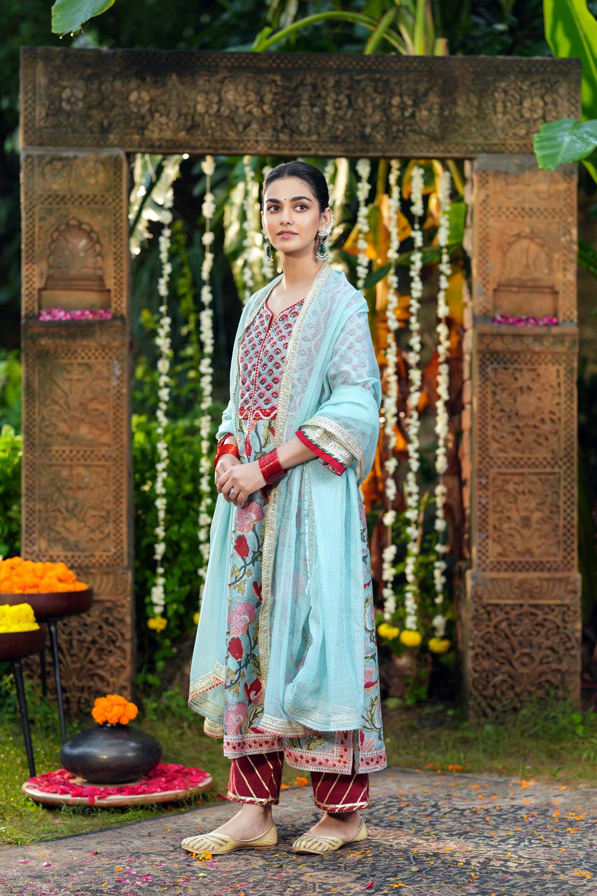 Aqua Blue Kotadoriya Dupatta with Gota Work