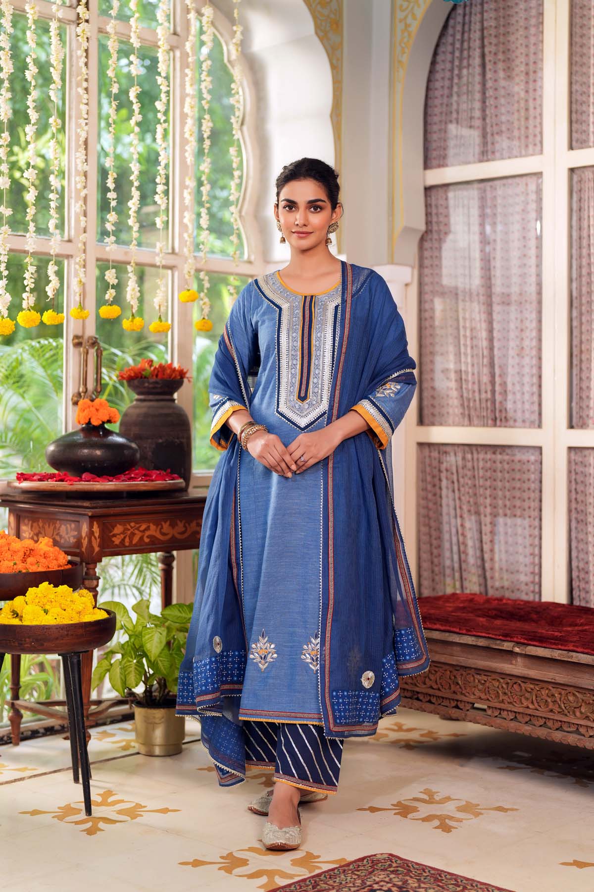 Navy Blue Kotadoriya Dupatta with Gota Work