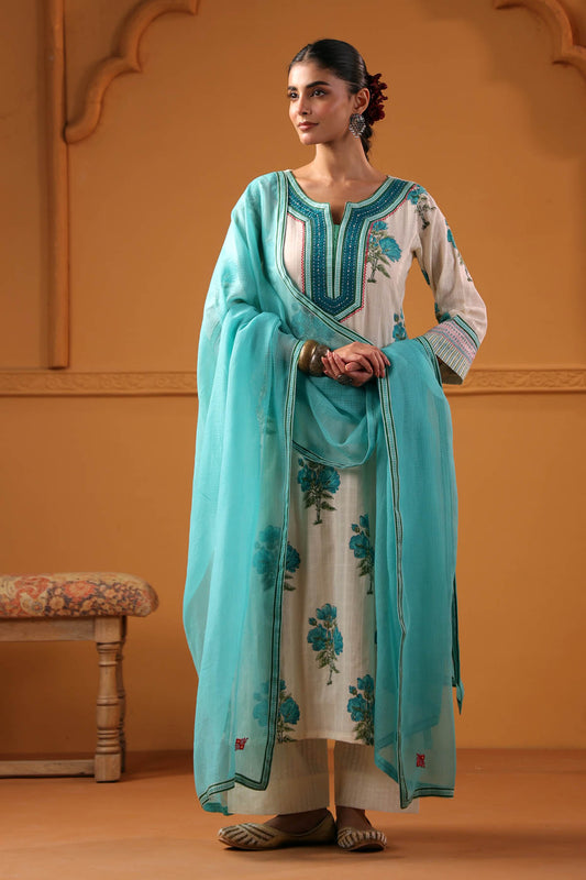 Aqua Blue Kotadoria Dupatta With Fabric Border