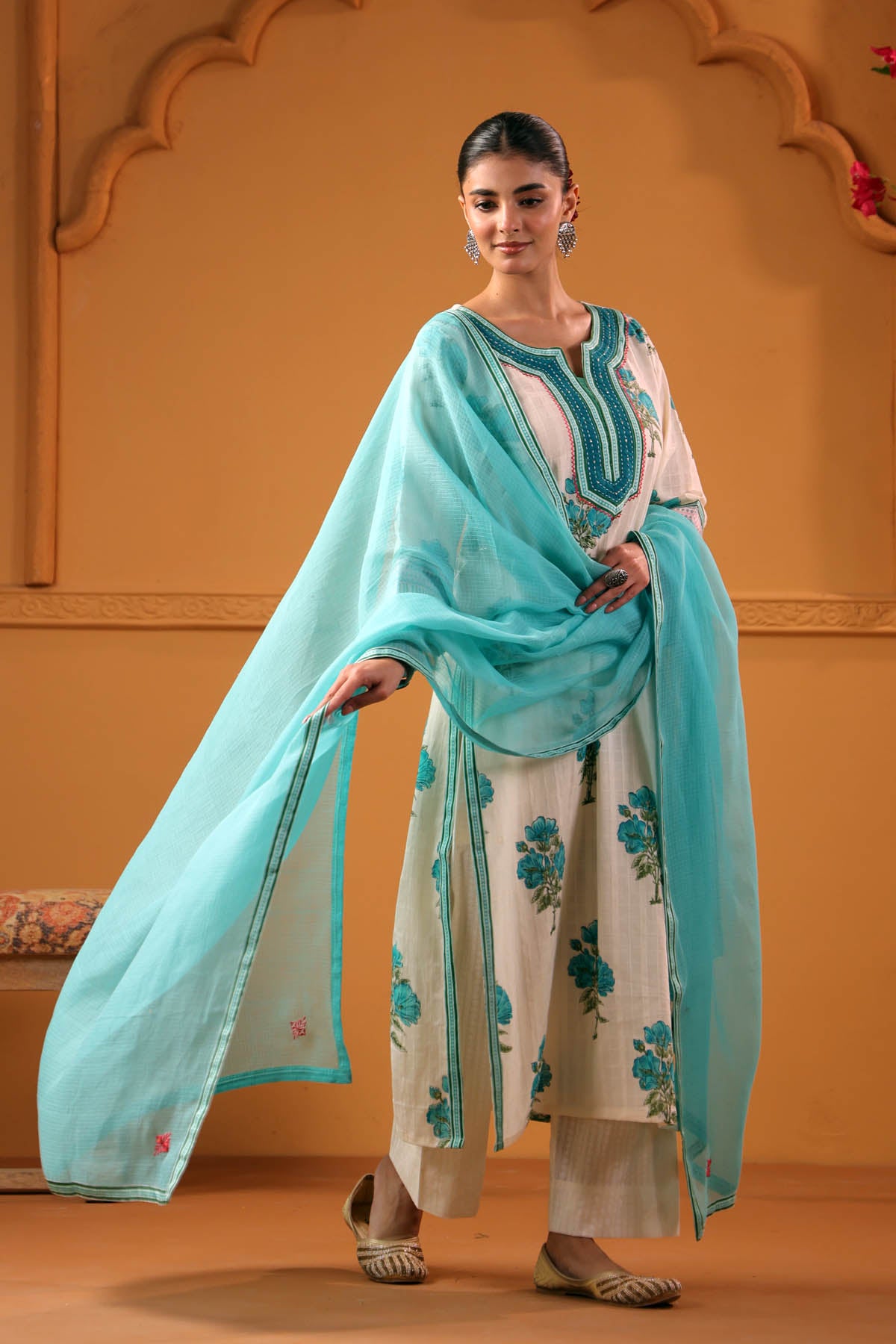Aqua Blue Kotadoria Dupatta With Fabric Border