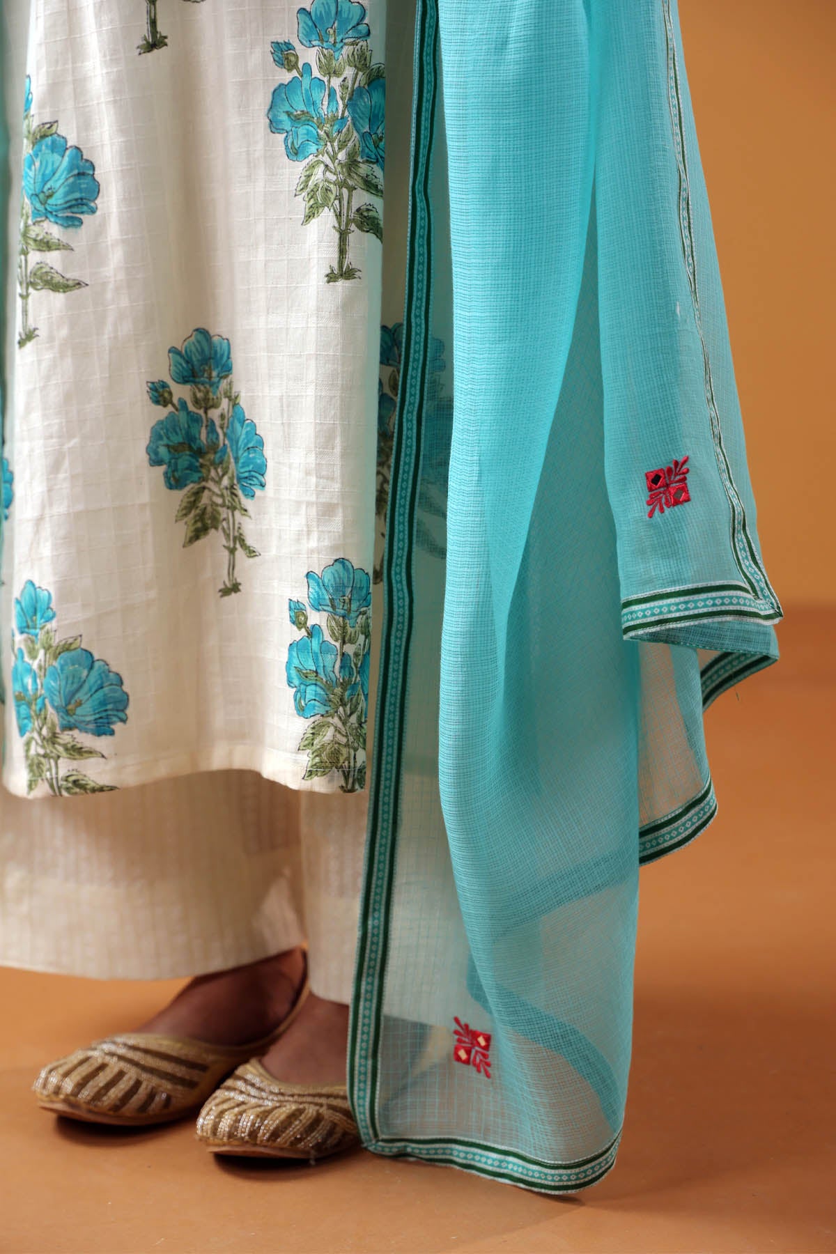 Aqua Blue Kotadoria Dupatta With Fabric Border