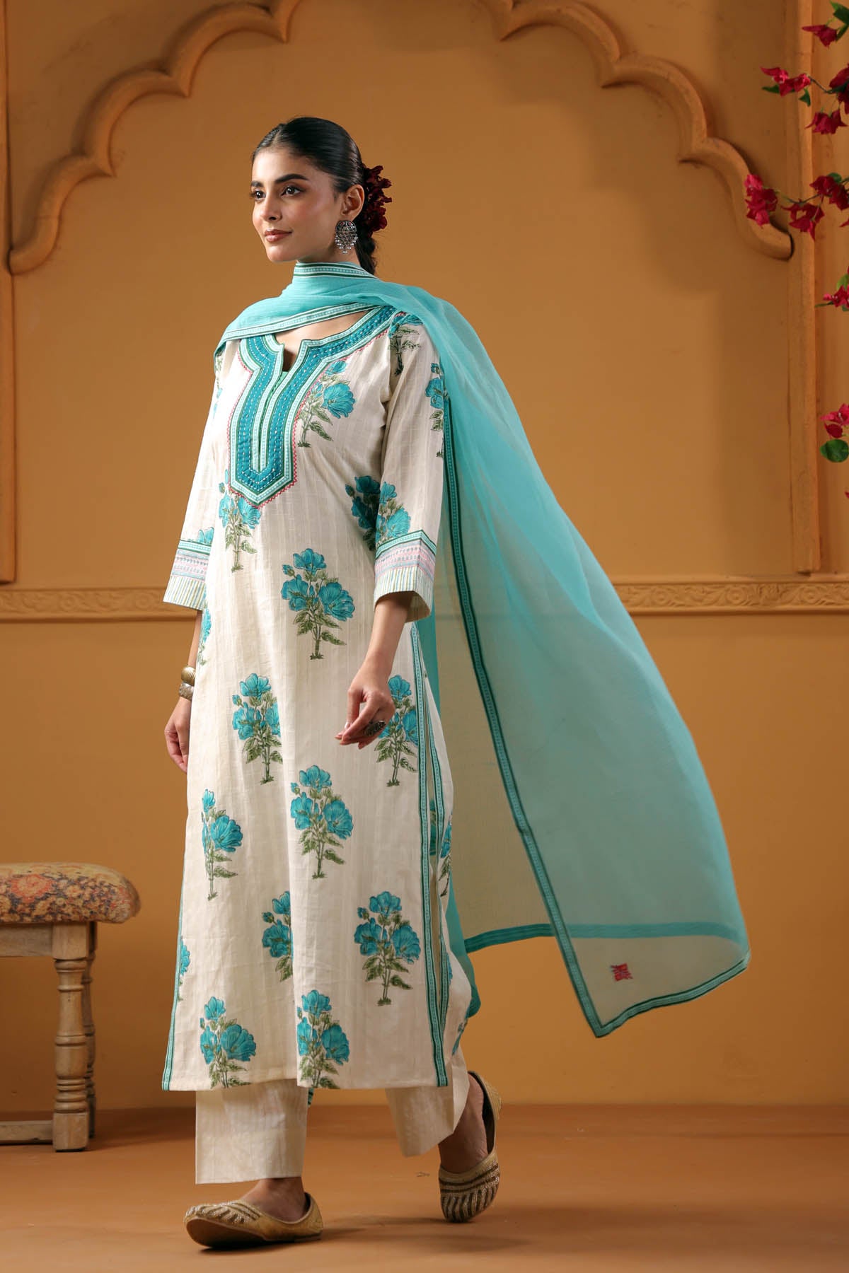 Aqua Blue Kotadoria Dupatta With Fabric Border