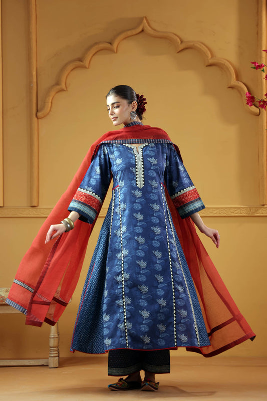 Deep Red Kotadoria Dupatta With Fabric Border