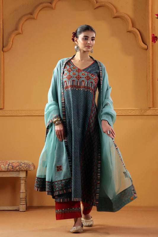 Teal Green Kotadoria Dupatta With Fabric Border
