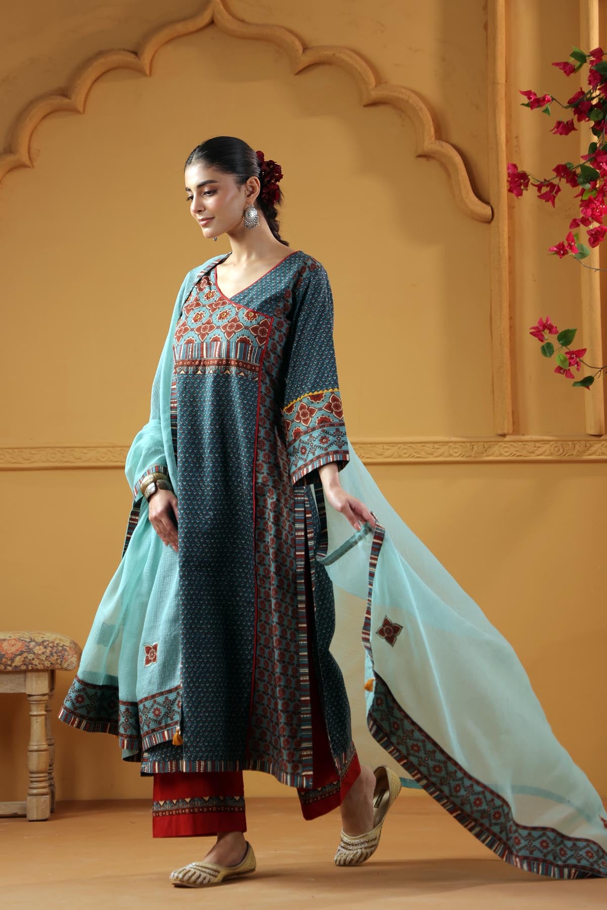 Teal Green Kotadoria Dupatta With Fabric Border