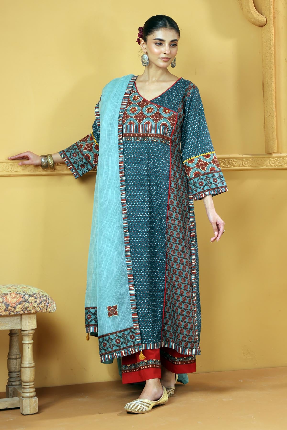Teal Green Kotadoria Dupatta With Fabric Border
