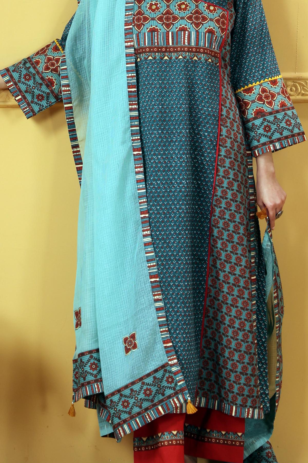 Teal Green Kotadoria Dupatta With Fabric Border