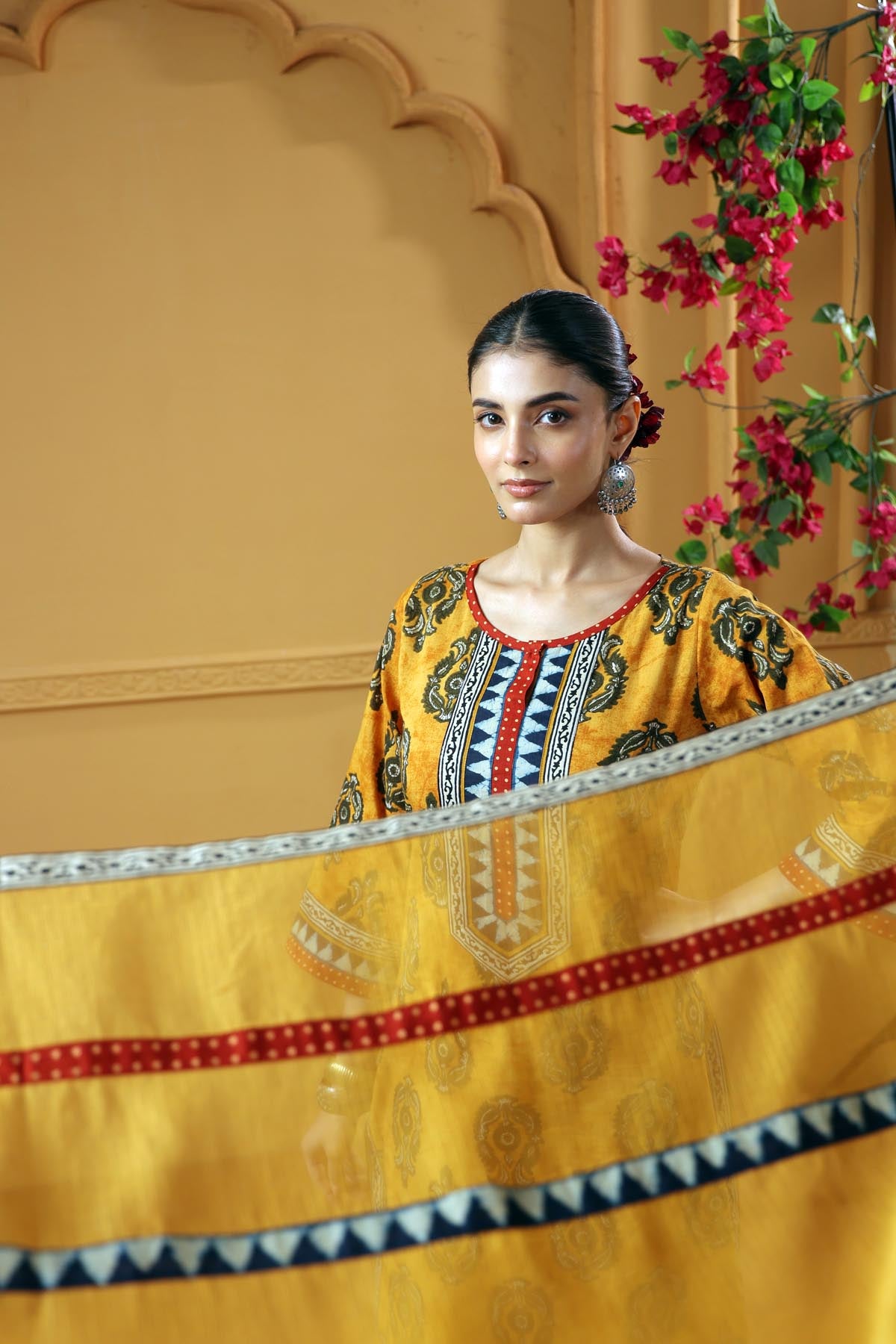 Mustard Yellow Kotadoria Dupatta With Fabric Border