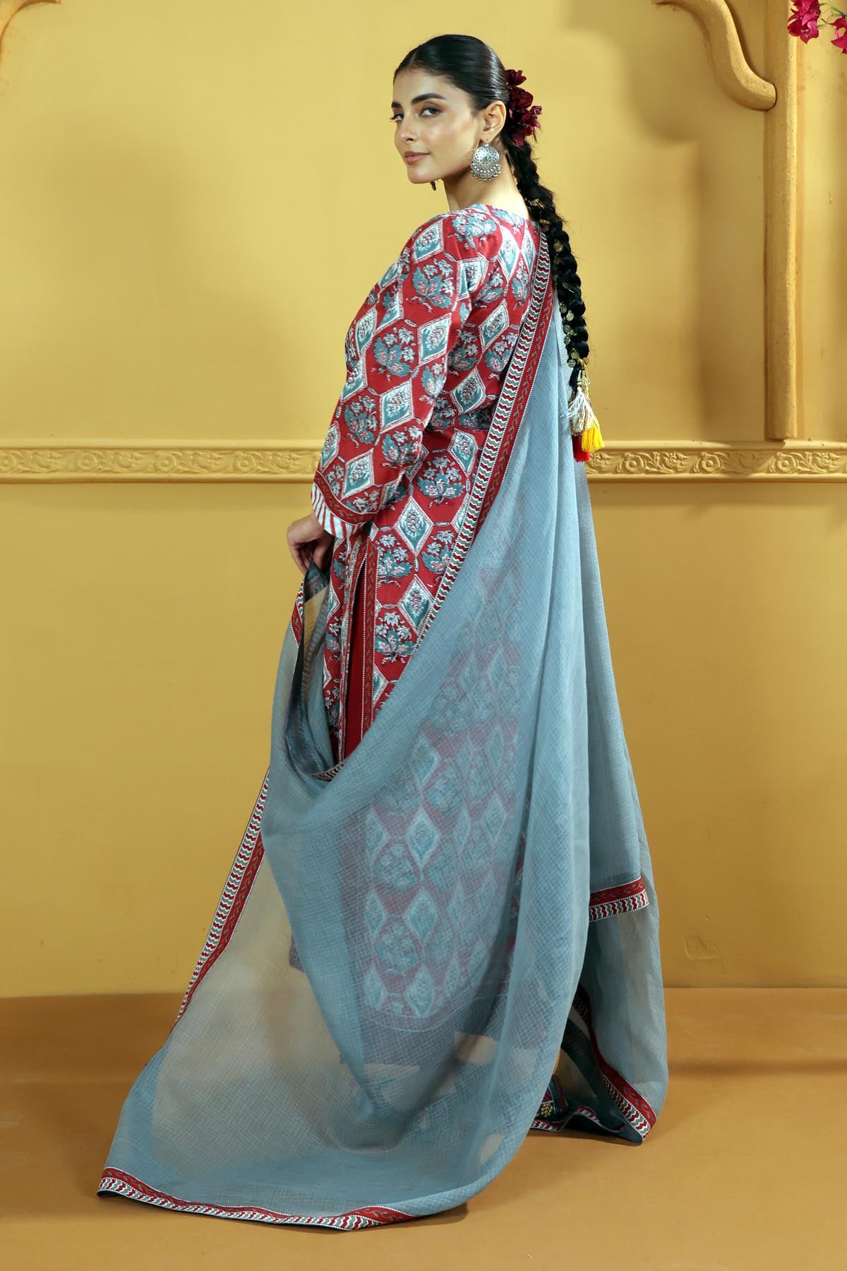 Grey Kotadoria Dupatta With Fabric Border