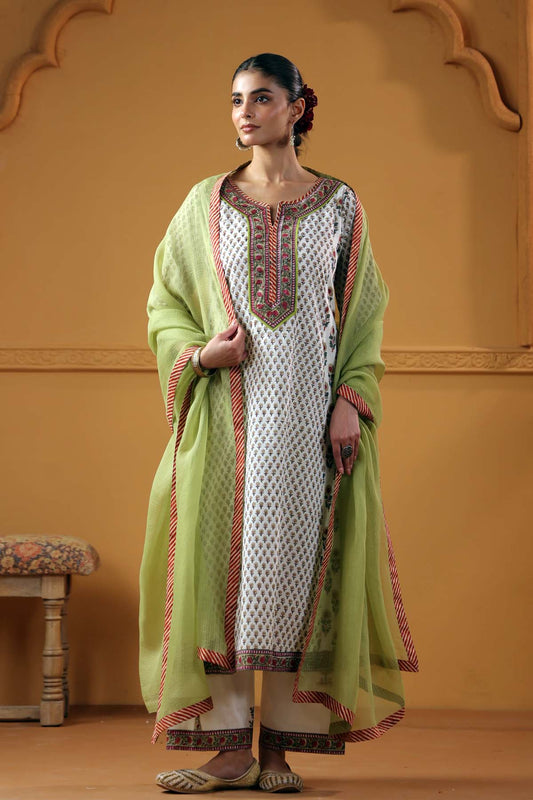 Aqua Green Kotadoria Dupatta With Fabric Borders