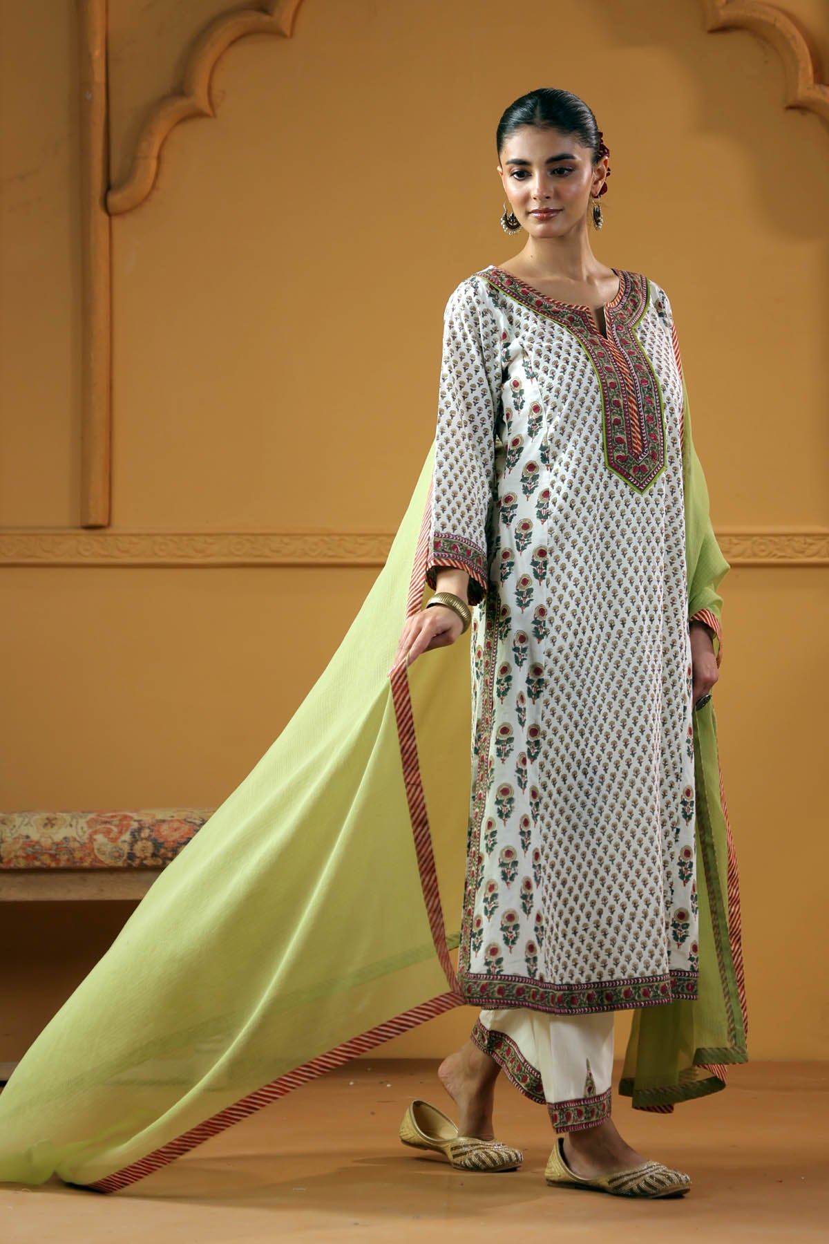 Aqua Green Kotadoria Dupatta With Fabric Borders