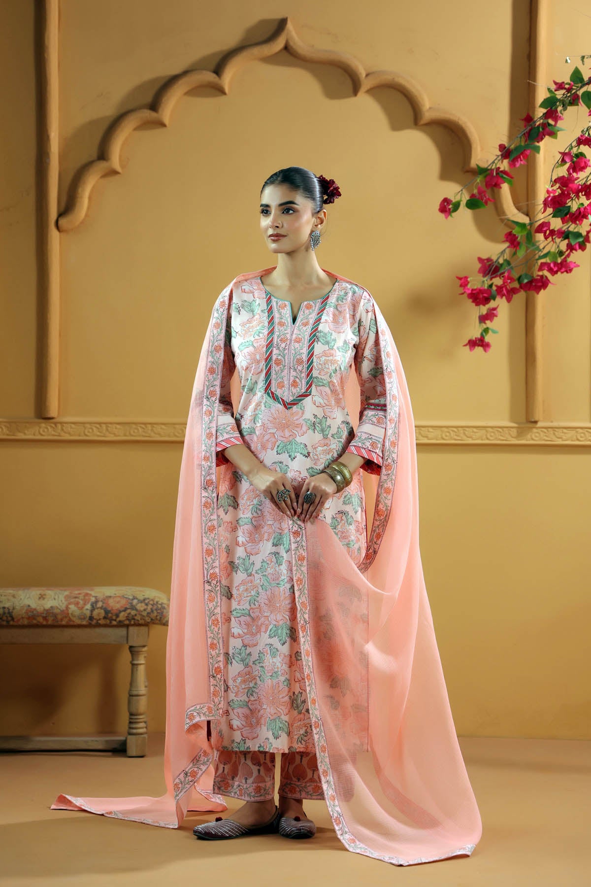 Peach Kotadoria Dupatta with Printed Borders