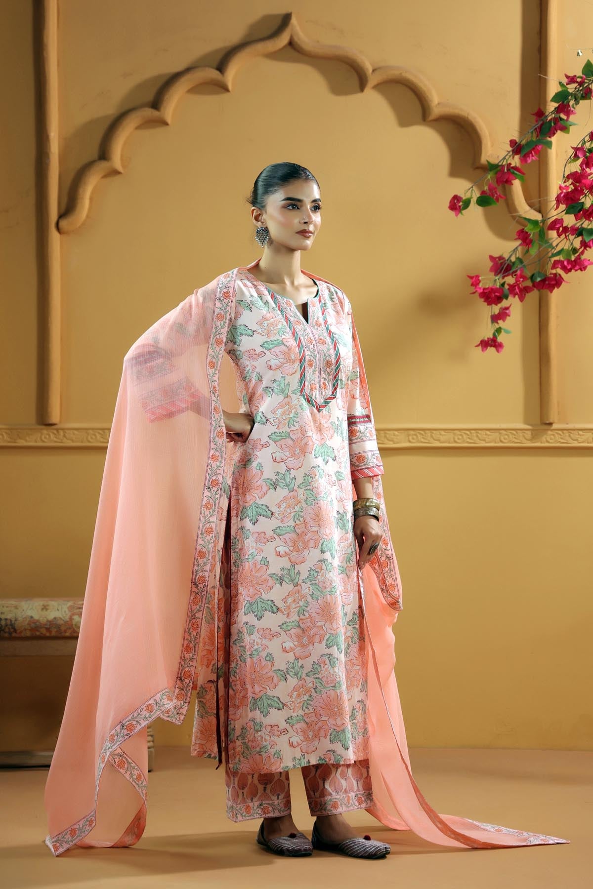 Peach Kotadoria Dupatta with Printed Borders