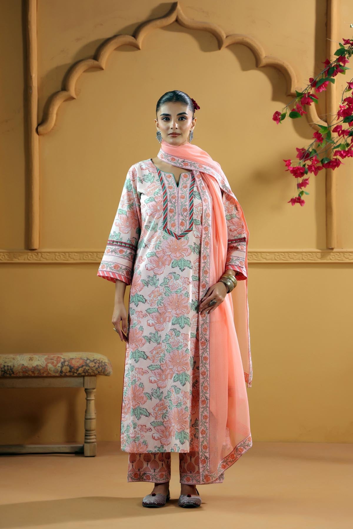 Peach Kotadoria Dupatta with Printed Borders