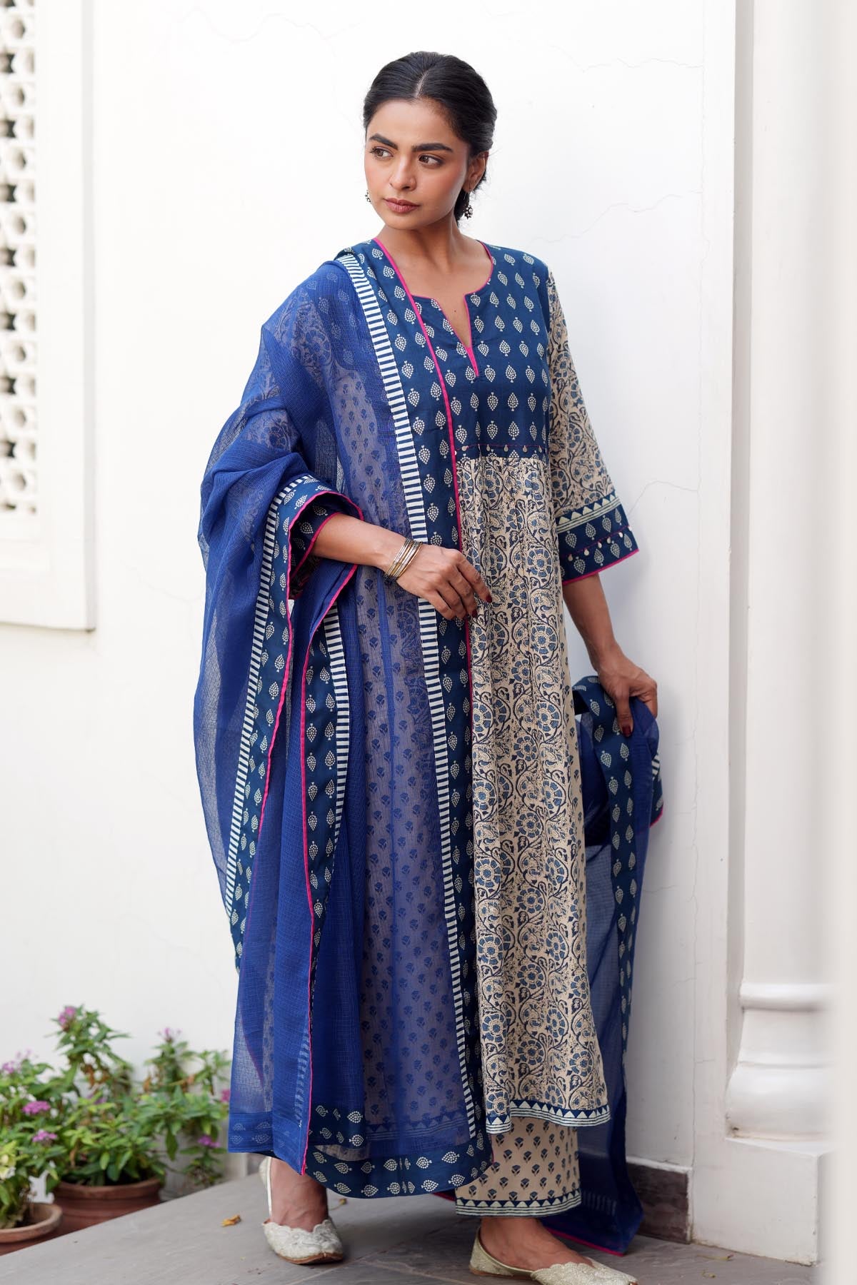 Blue Kota Doria Dupatta with Borders