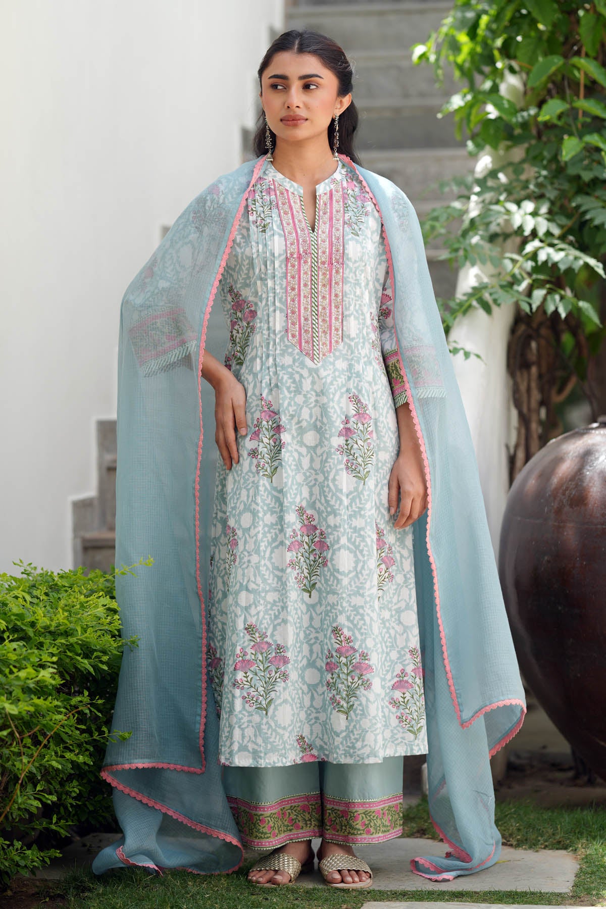 Sea Green Kota Doria Dupatta with Lace