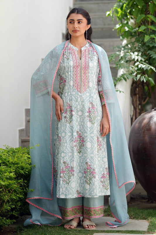 Sea Green Kota Doria Dupatta with Lace