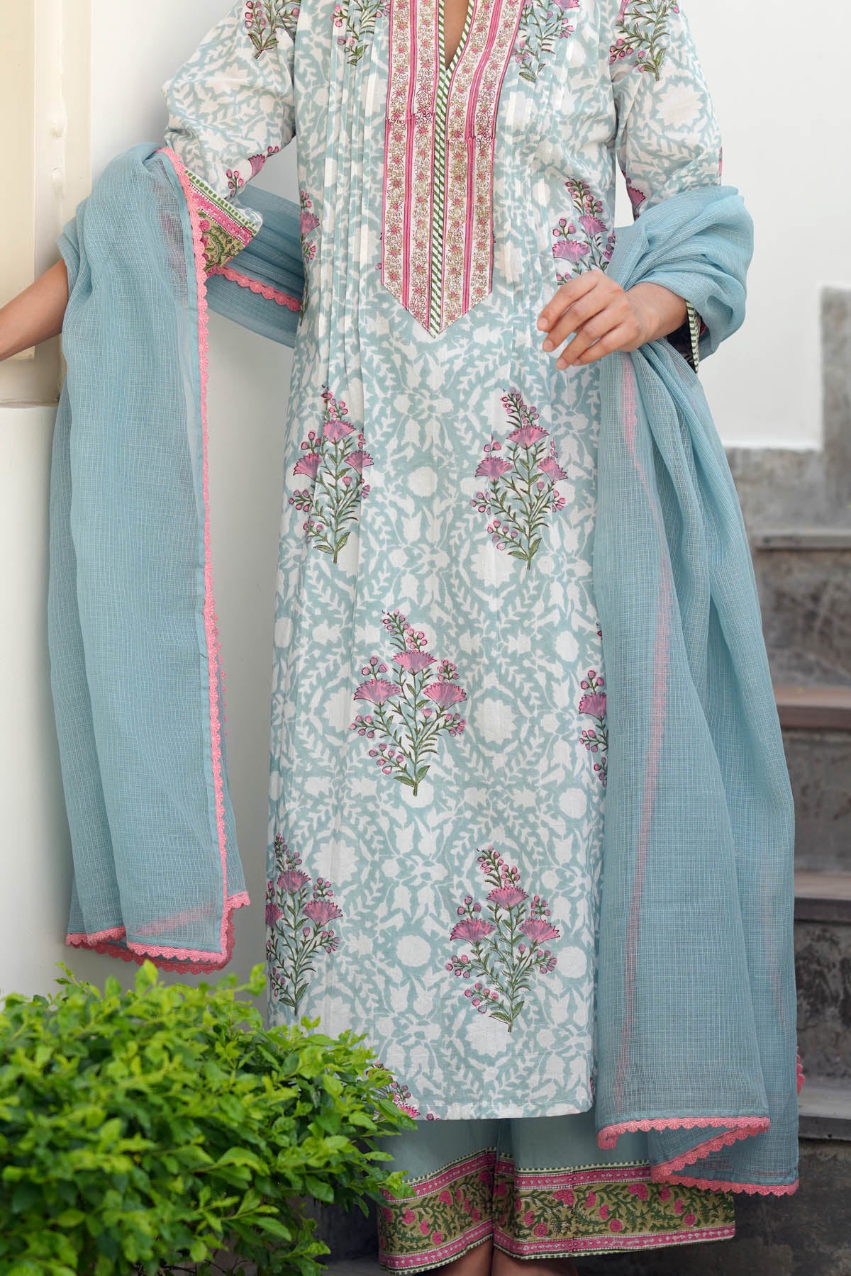 Sea Green Kota Doria Dupatta with Lace