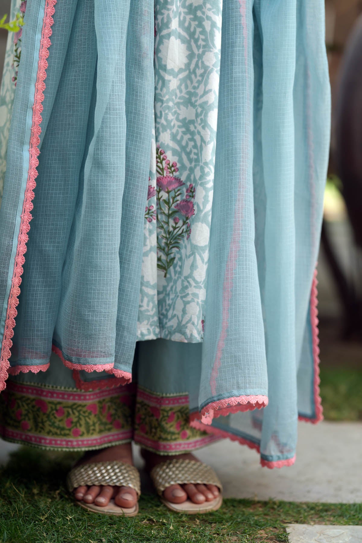 Sea Green Kota Doria Dupatta with Lace