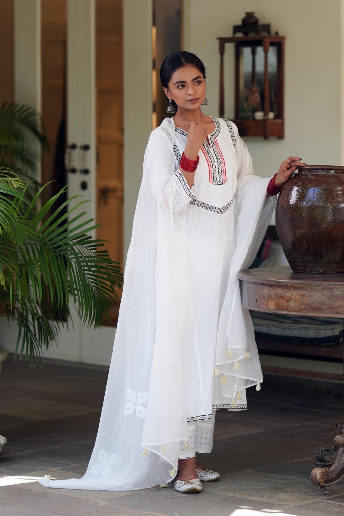 White Kota Doria Dupatta With Applique