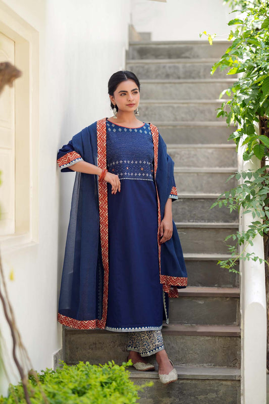 Blue Kota Doria Dupatta With Borders