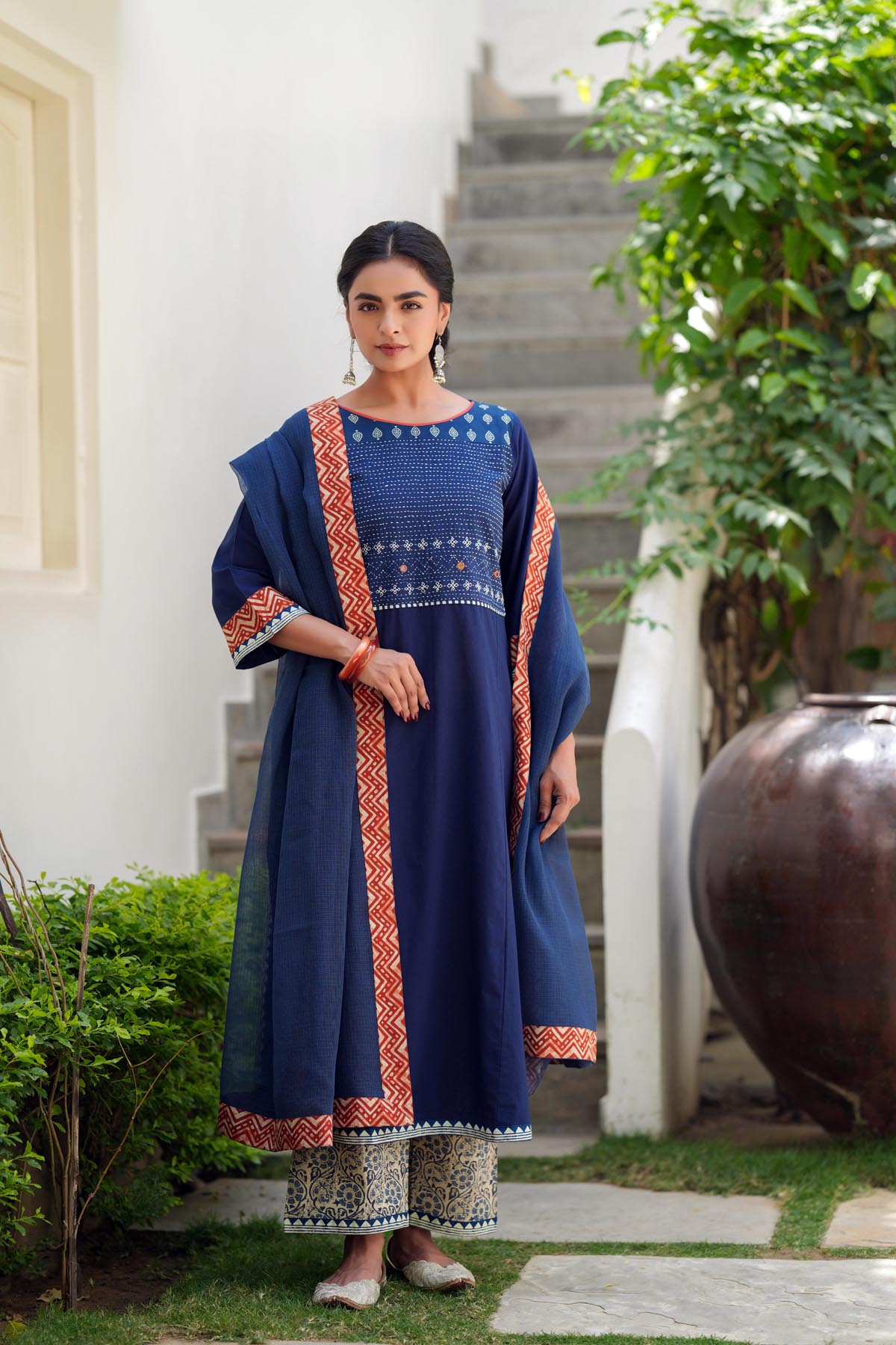 Blue Kota Doria Dupatta With Borders
