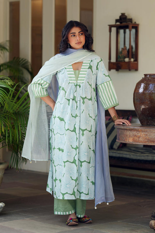 Blue & Green Double Shaded Kota Doria Dupatta