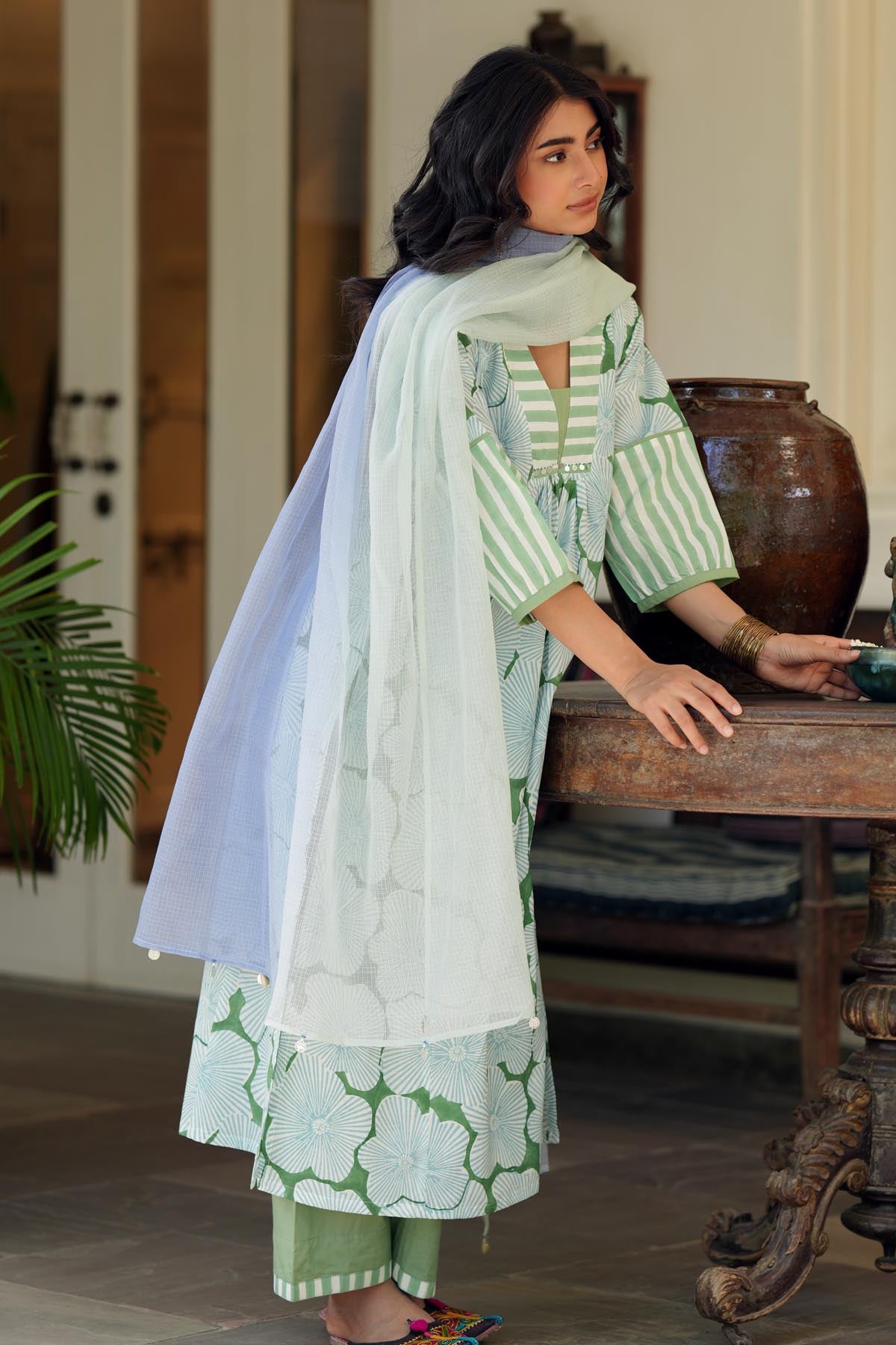 Blue & Green Double Shaded Kota Doria Dupatta