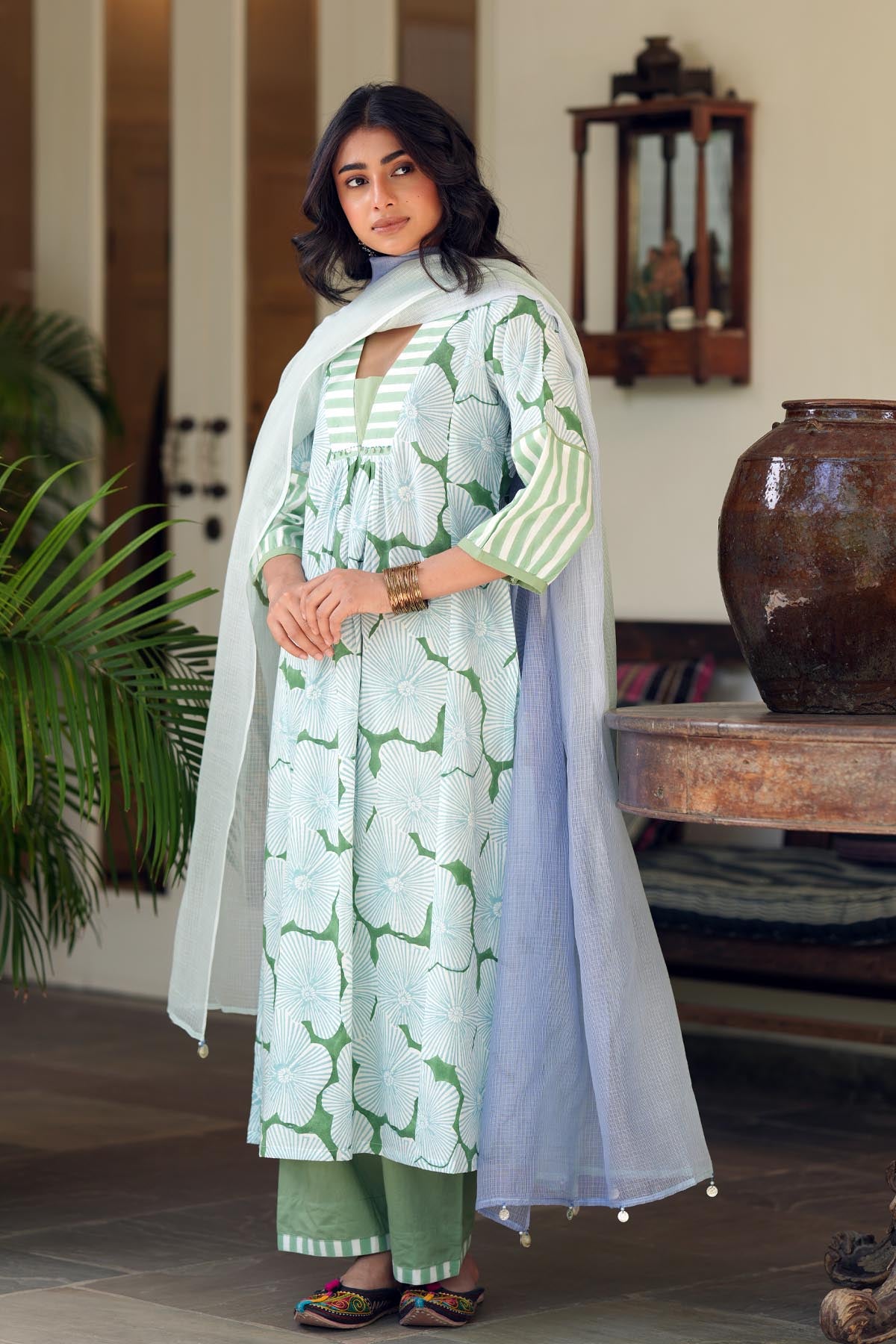 Blue & Green Double Shaded Kota Doria Dupatta