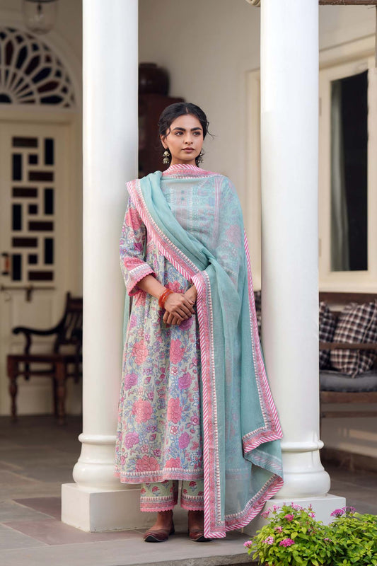 Aqua Blue Kota Doria Dupatta