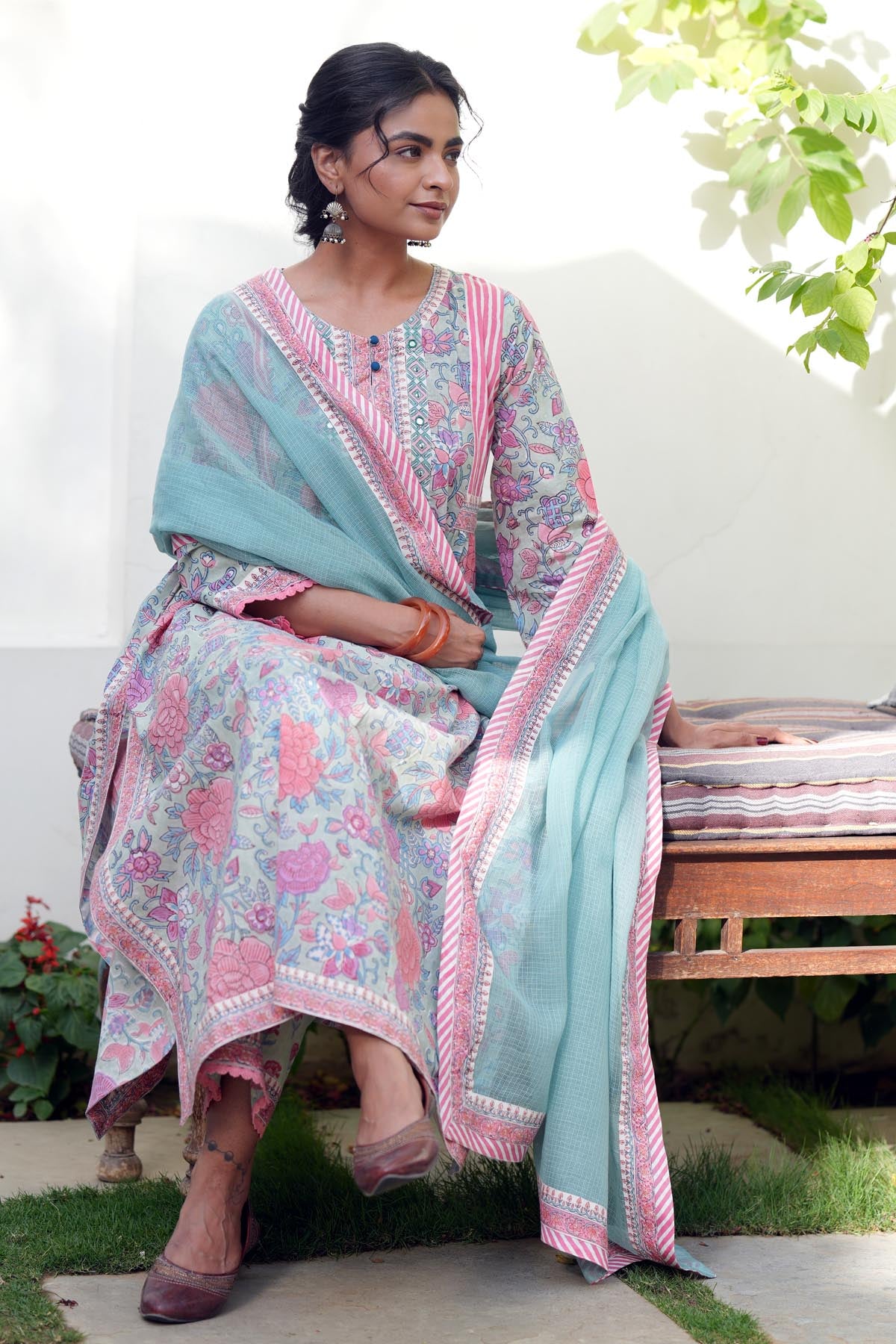 Aqua Blue Kota Doria Dupatta