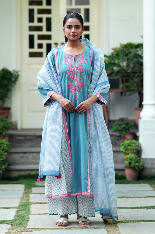 Blue Kota Doria Handblock Printed Dupatta