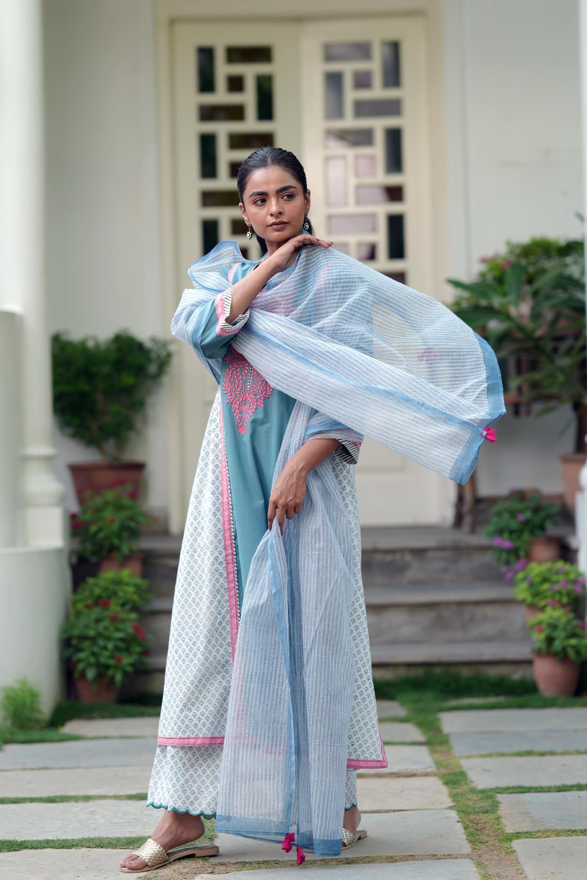 Blue Kota Doria Handblock Printed Dupatta