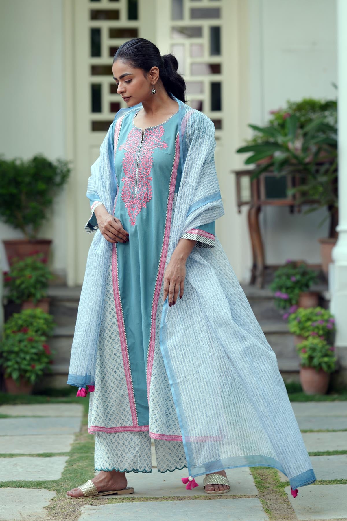 Blue Kota Doria Handblock Printed Dupatta
