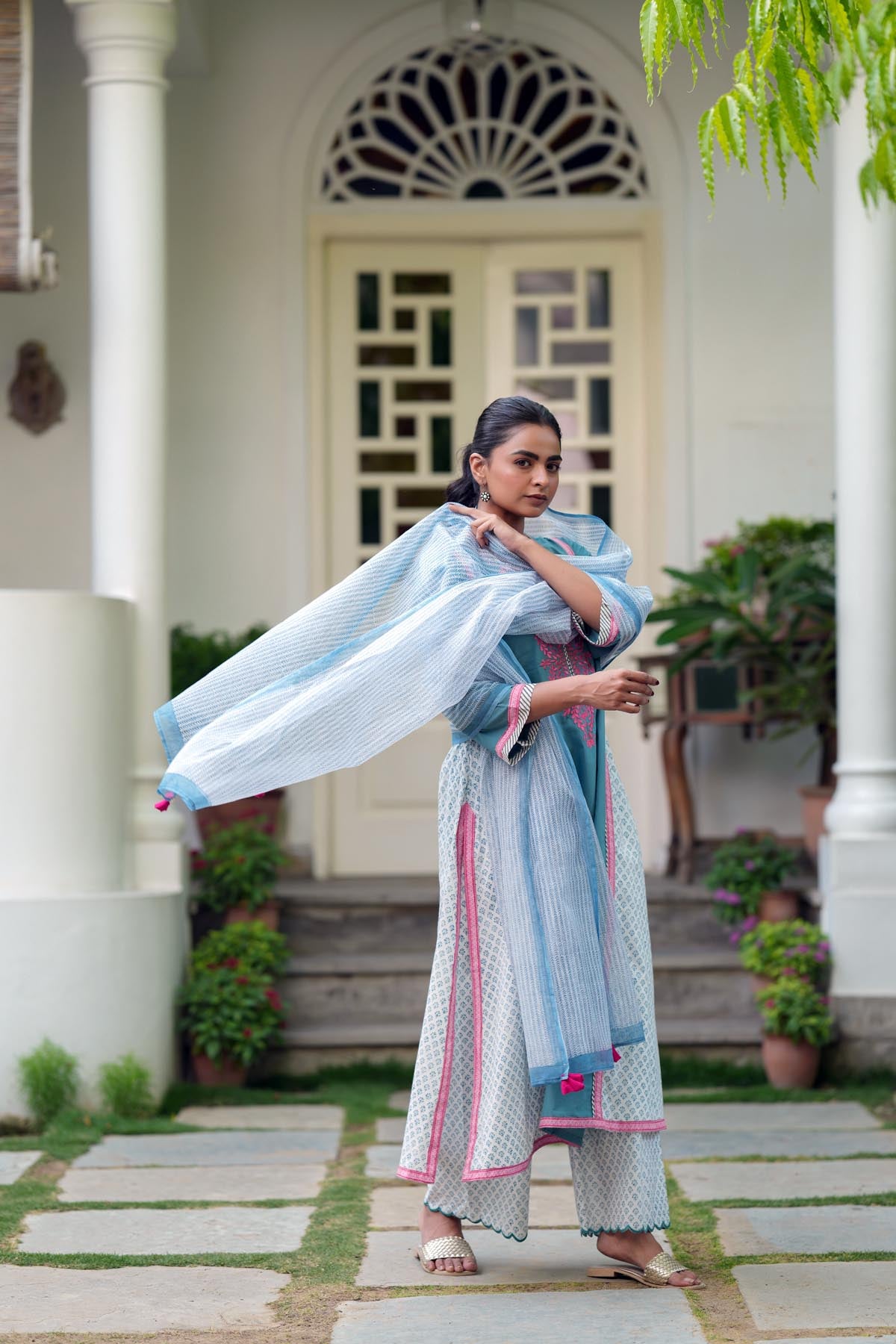 Blue Kota Doria Handblock Printed Dupatta
