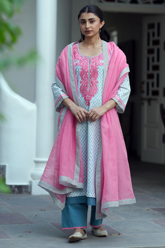 Pink Kota Doria Dupatta with Striped Border