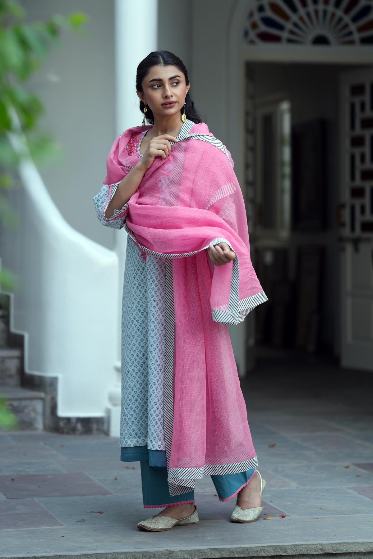 Pink Kota Doria Dupatta with Striped Border