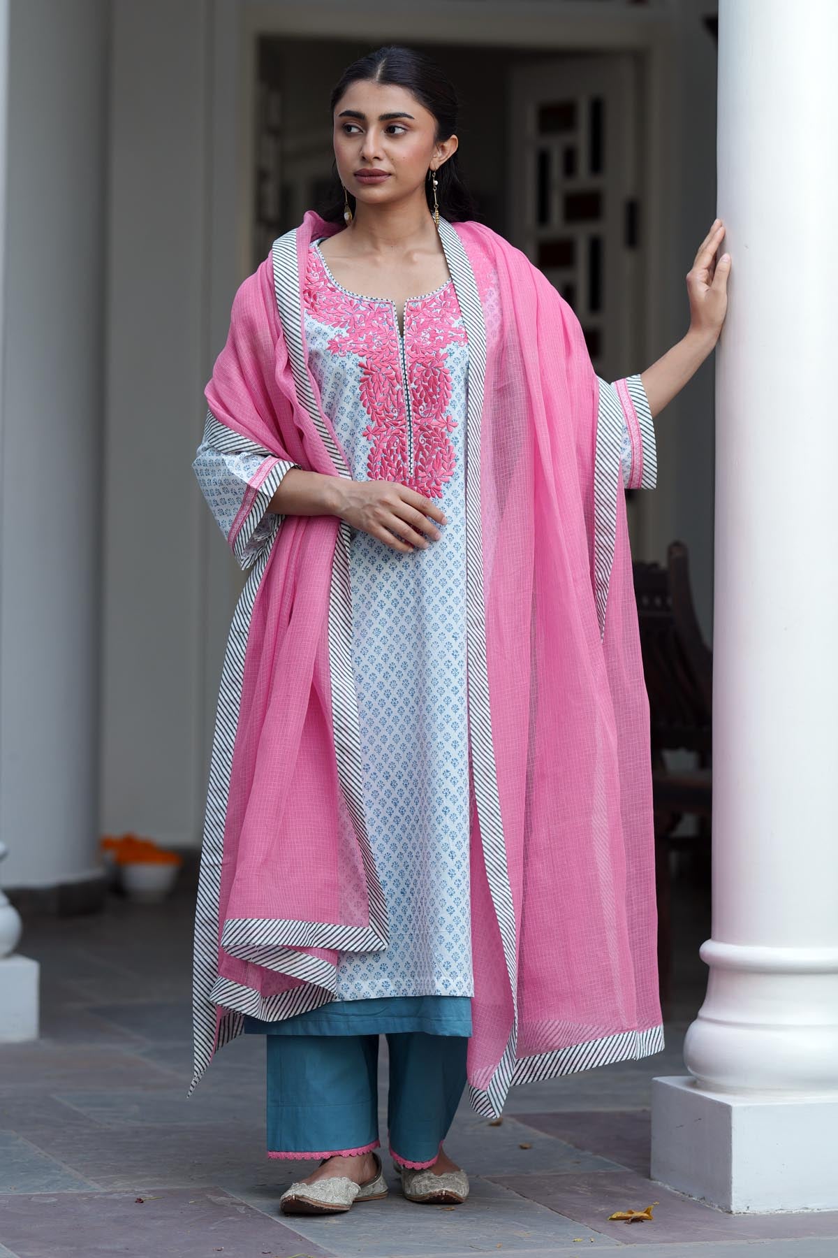 Pink Kota Doria Dupatta with Striped Border