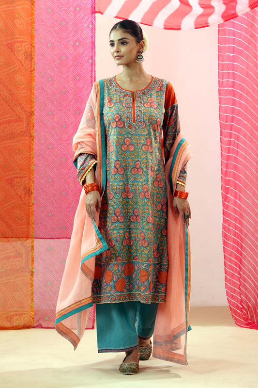 Peach Kota Doria Dupatta with Teal Border