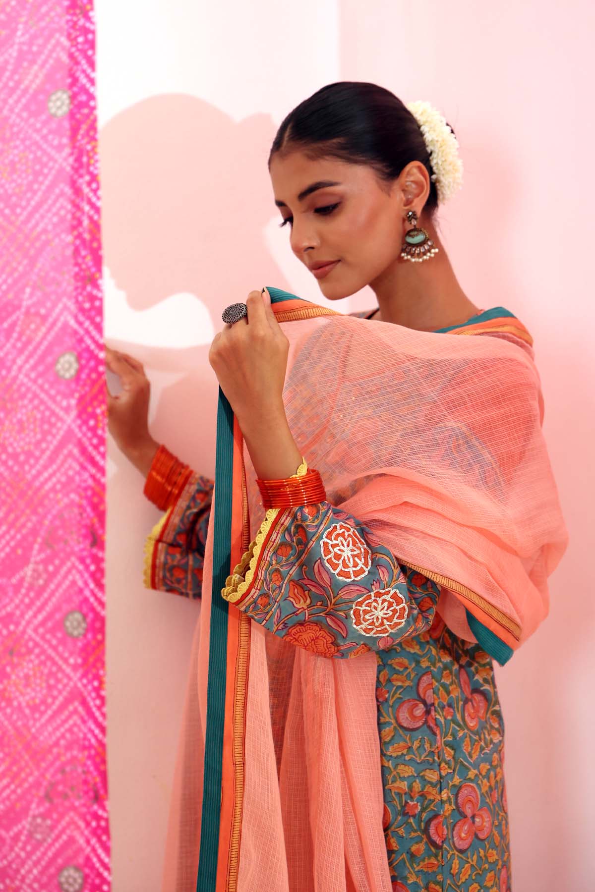 Peach Kota Doria Dupatta with Teal Border