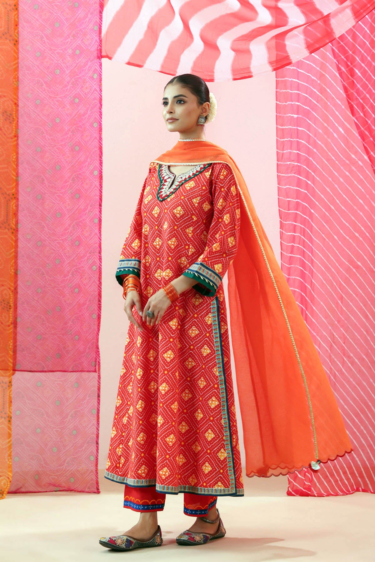 Orange Kota Doria Dupatta with Scalloped Border