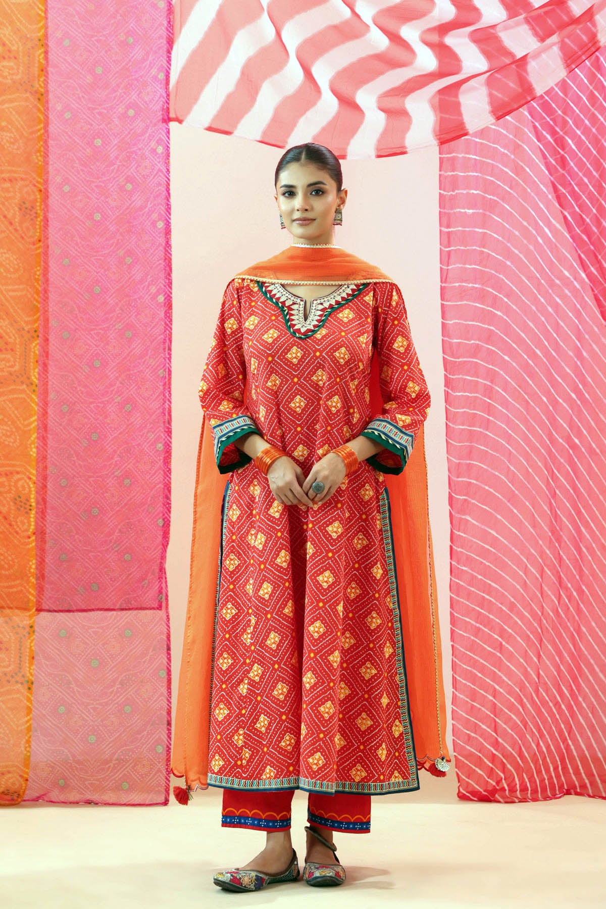 Orange Kota Doria Dupatta with Scalloped Border