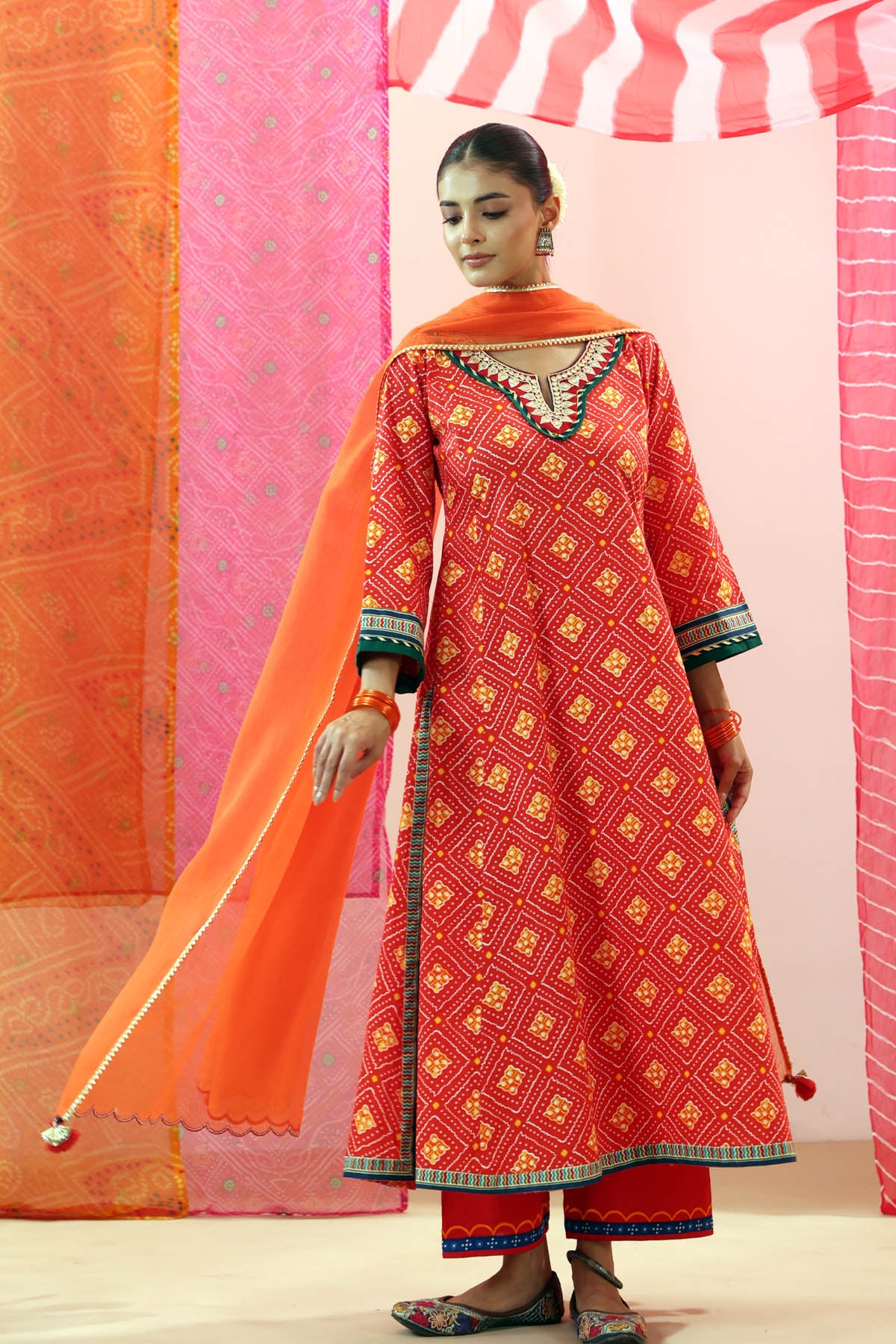 Orange Kota Doria Dupatta with Scalloped Border