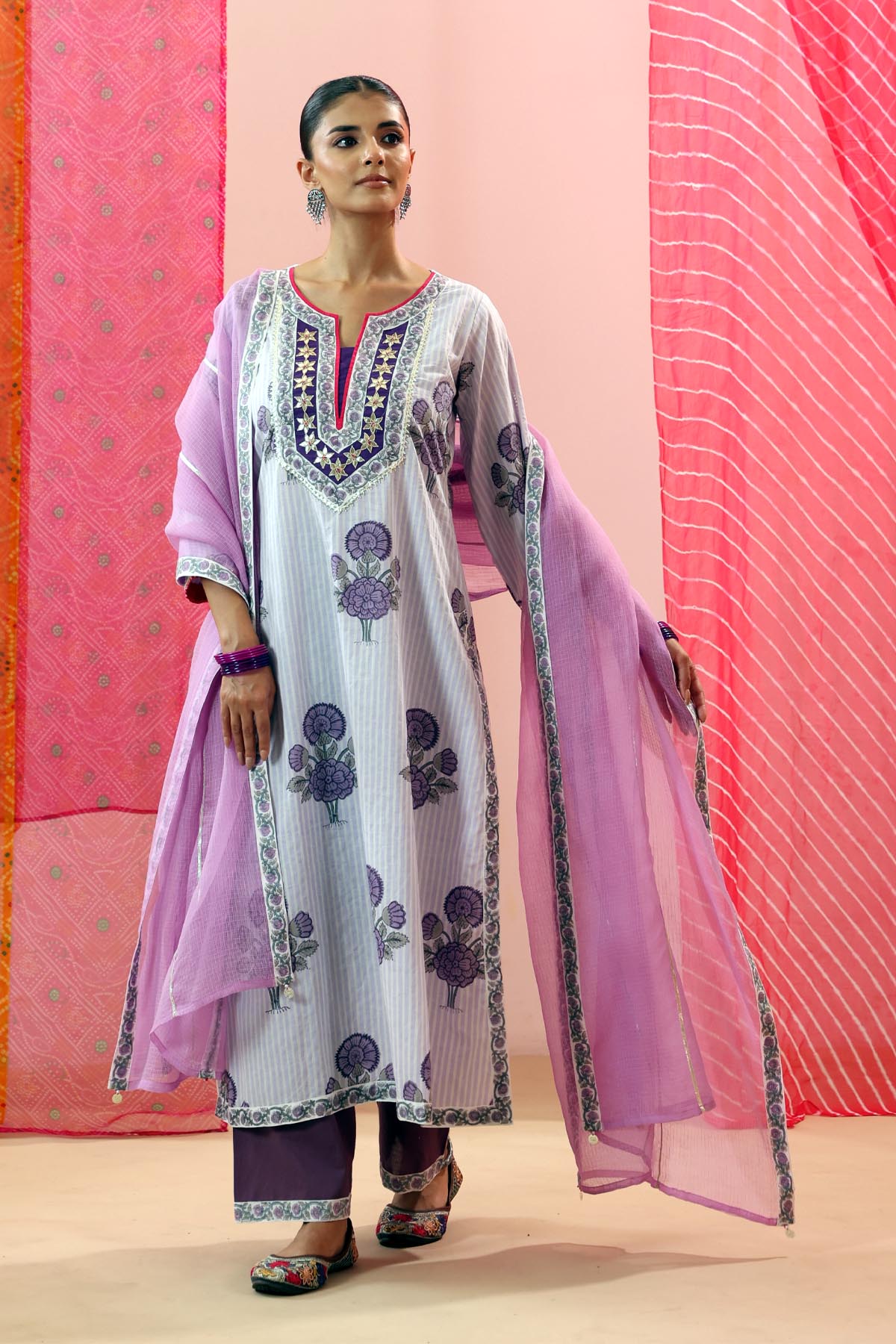 Lavender Kota Doria Dupatta with Printed Border