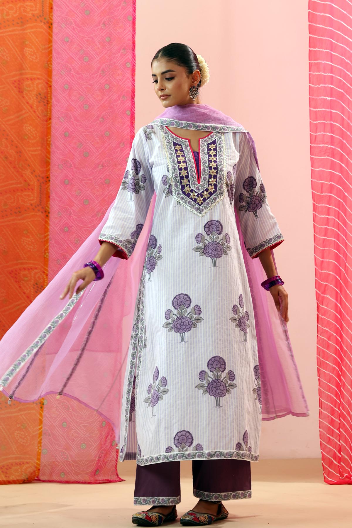 Lavender Kota Doria Dupatta with Printed Border