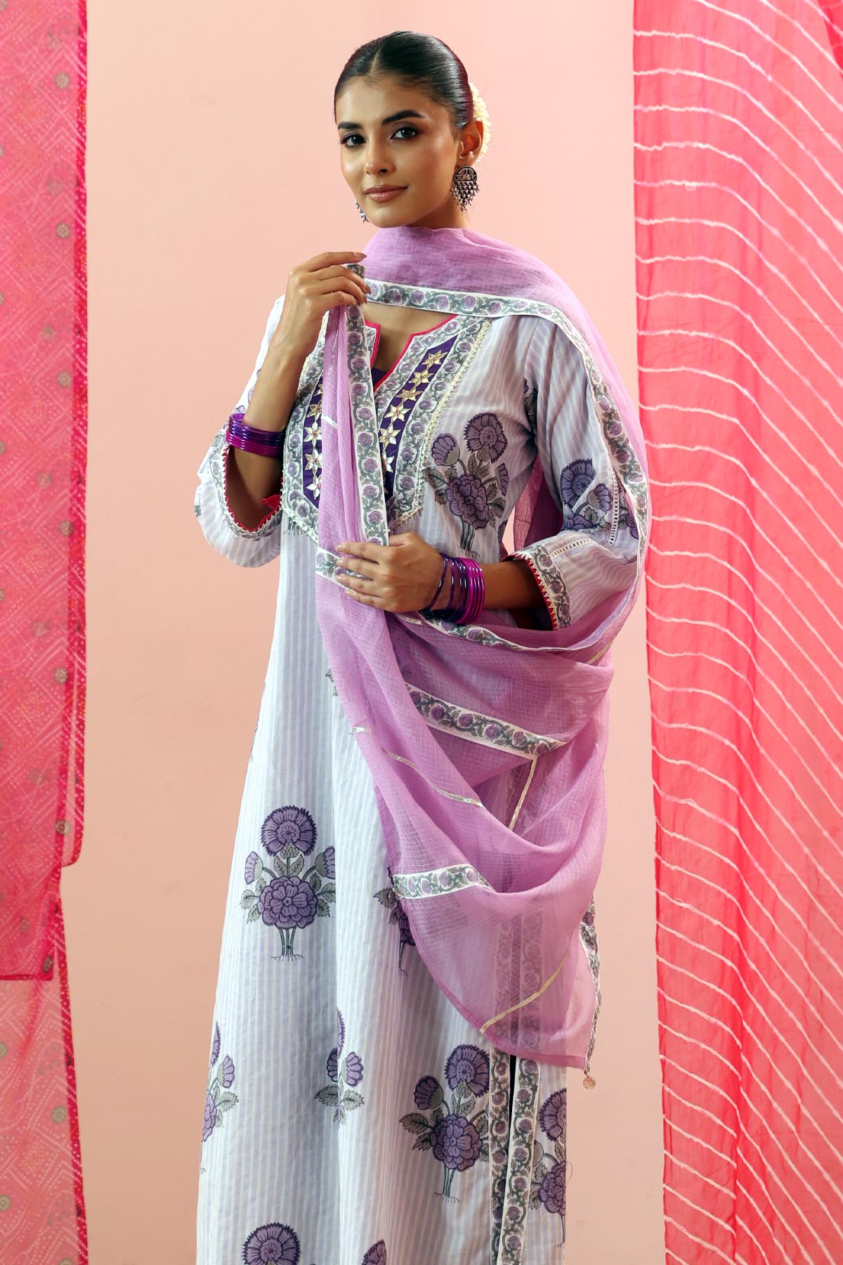Lavender Kota Doria Dupatta with Printed Border