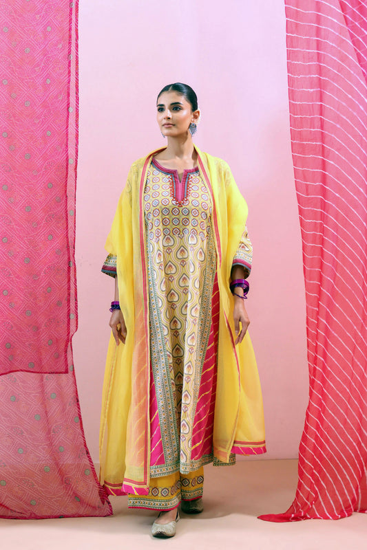 Yellow Kota Doria Dupatta with Pink Border