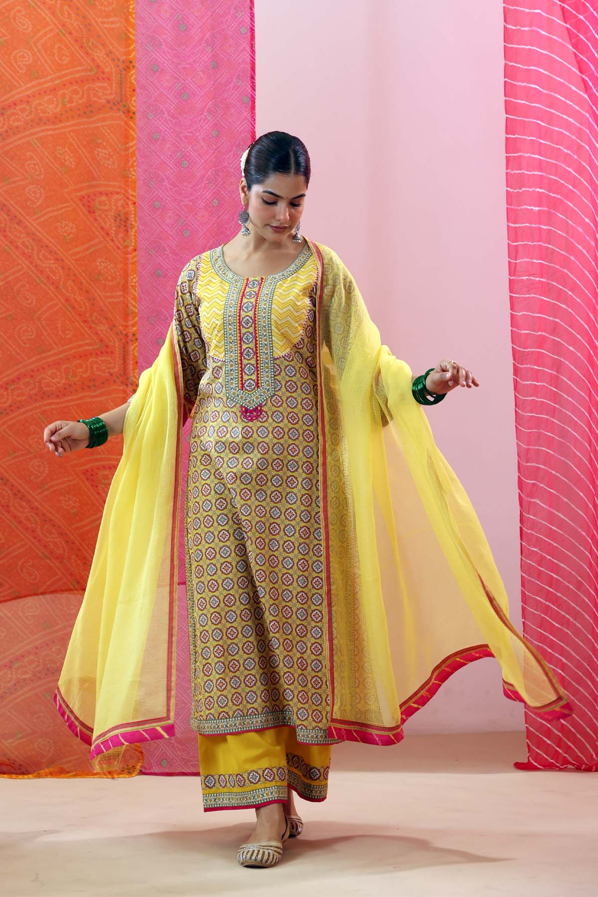 Yellow Kota Doria Dupatta with Pink Border