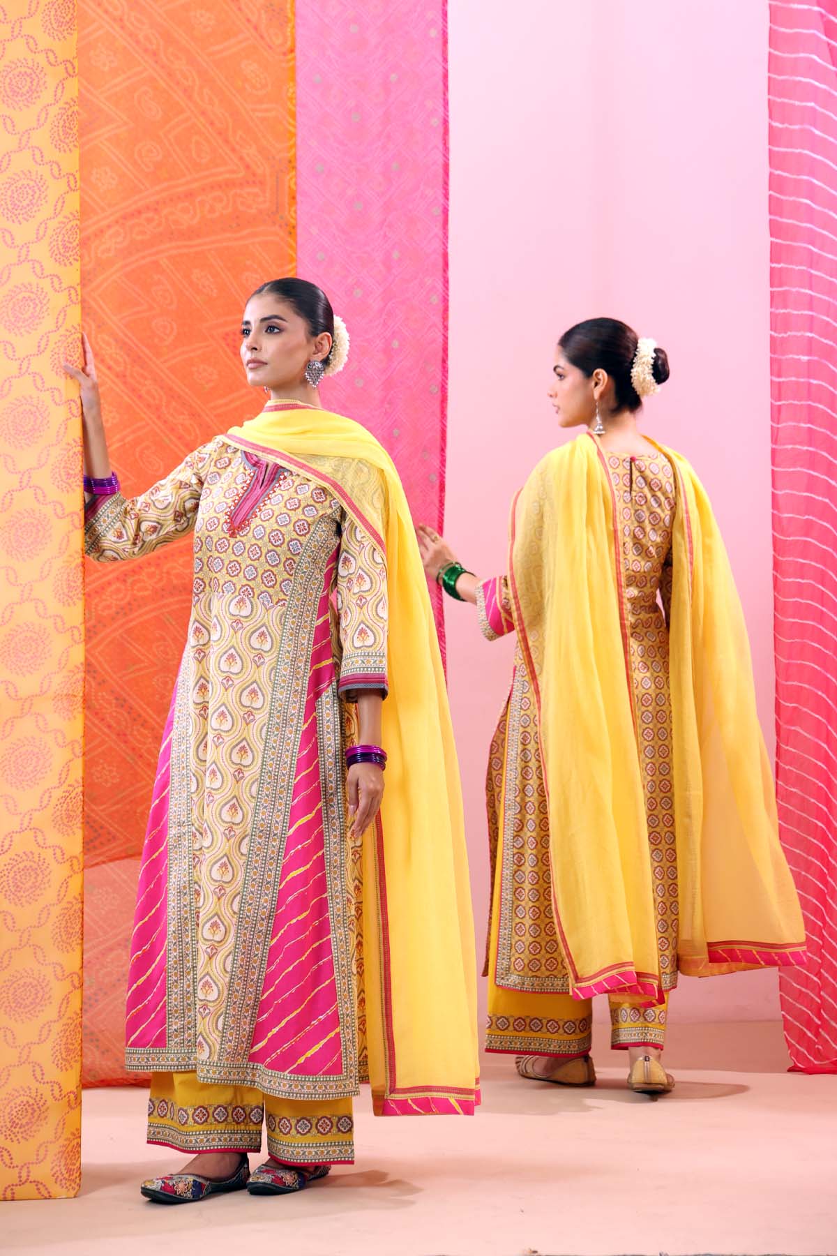 Yellow Kota Doria Dupatta with Pink Border