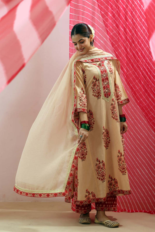 Beige Kota Doria Dupatta with Red Printed Border